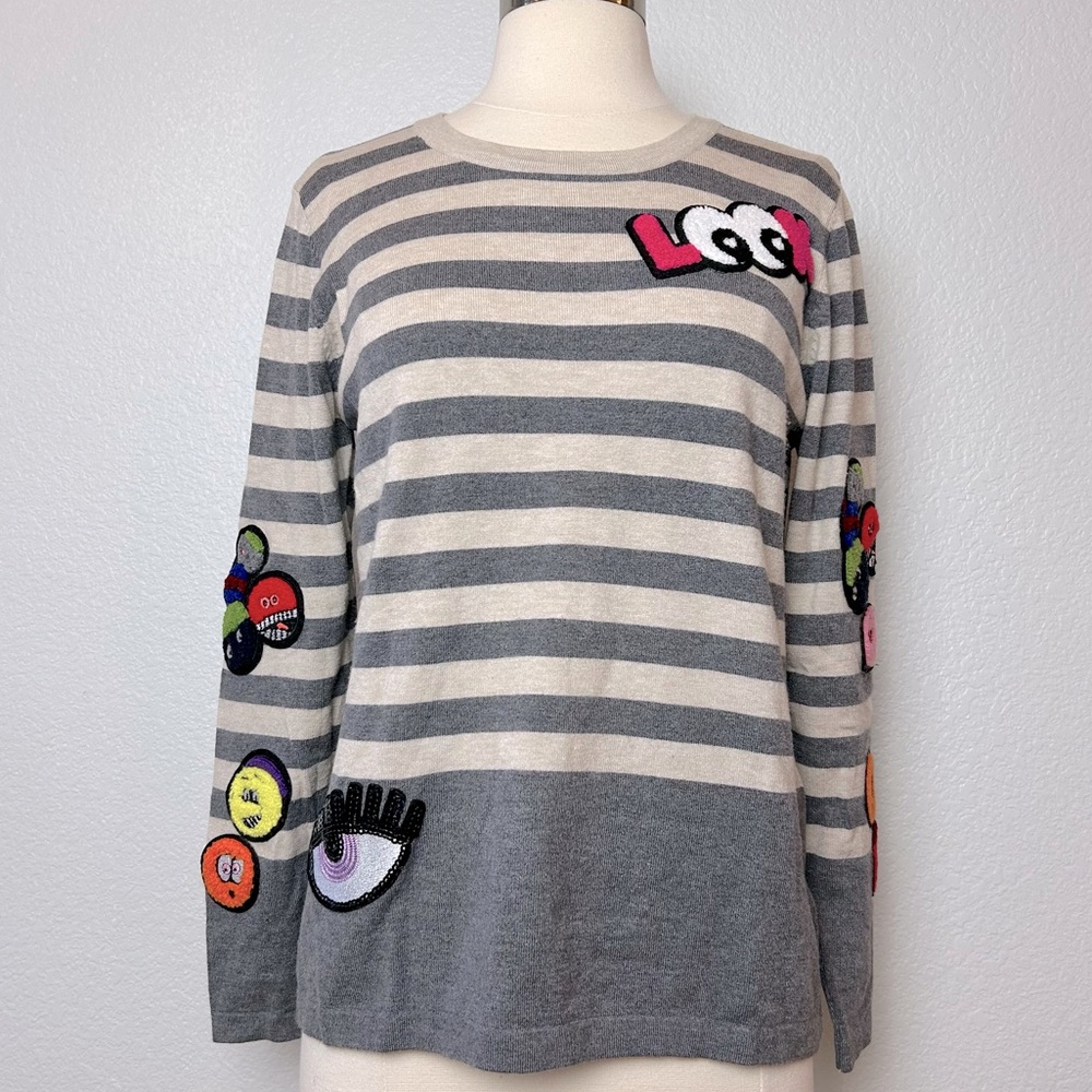NABABILA Sweater Womens Size XL Beige Gray Striped Appliqué Pullover Top